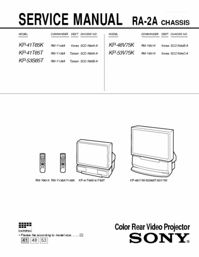 Sony KP-41T65 KP-41T65 K/T
KP-53S65T
KP-48V75K
KP-53V75K
Chassis RA-2A
Color Rear Video Projector